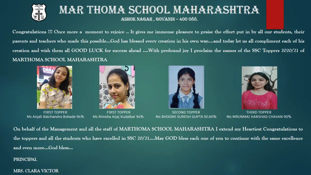 Mar Thoma School Maharashtra SSC 2021 Toppers